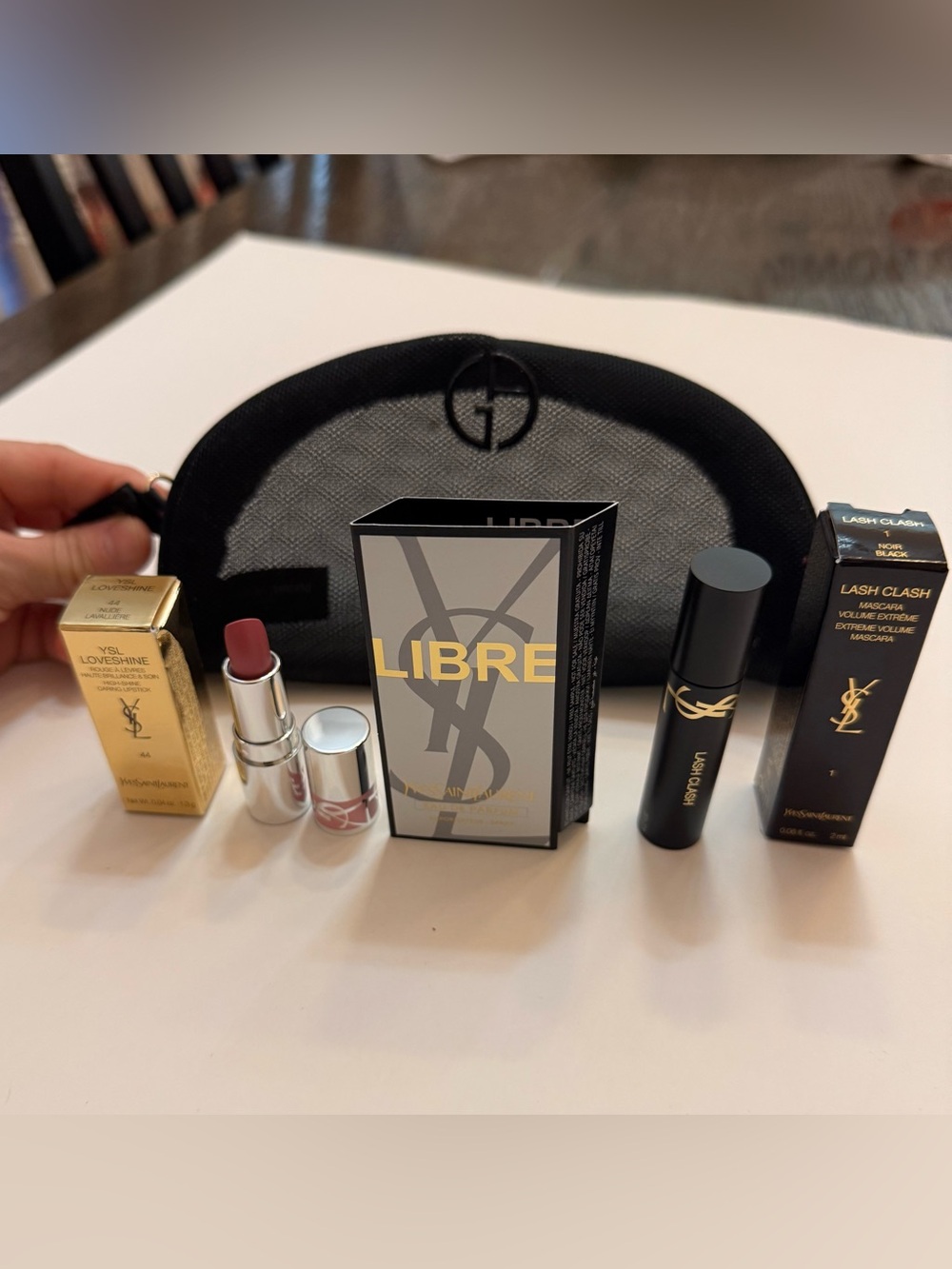 Giorgio Armani Black Mesh Cosmetic Pouch and gift of ysl samples